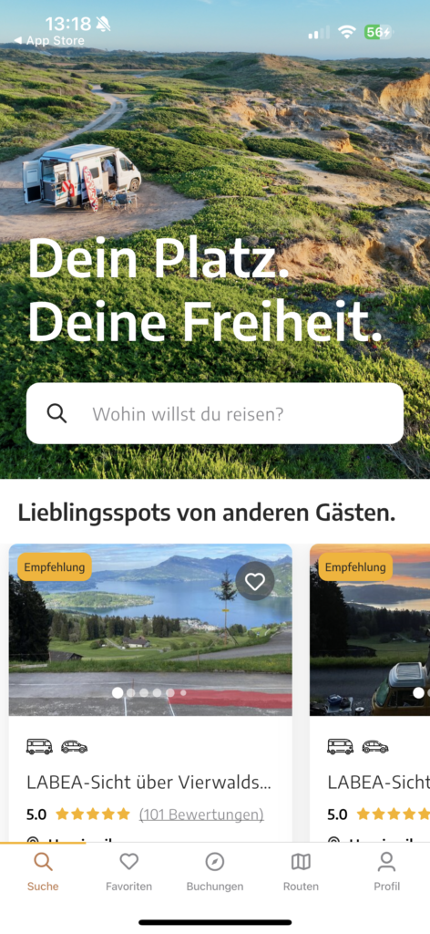 Startseite der App roadsurfer spots